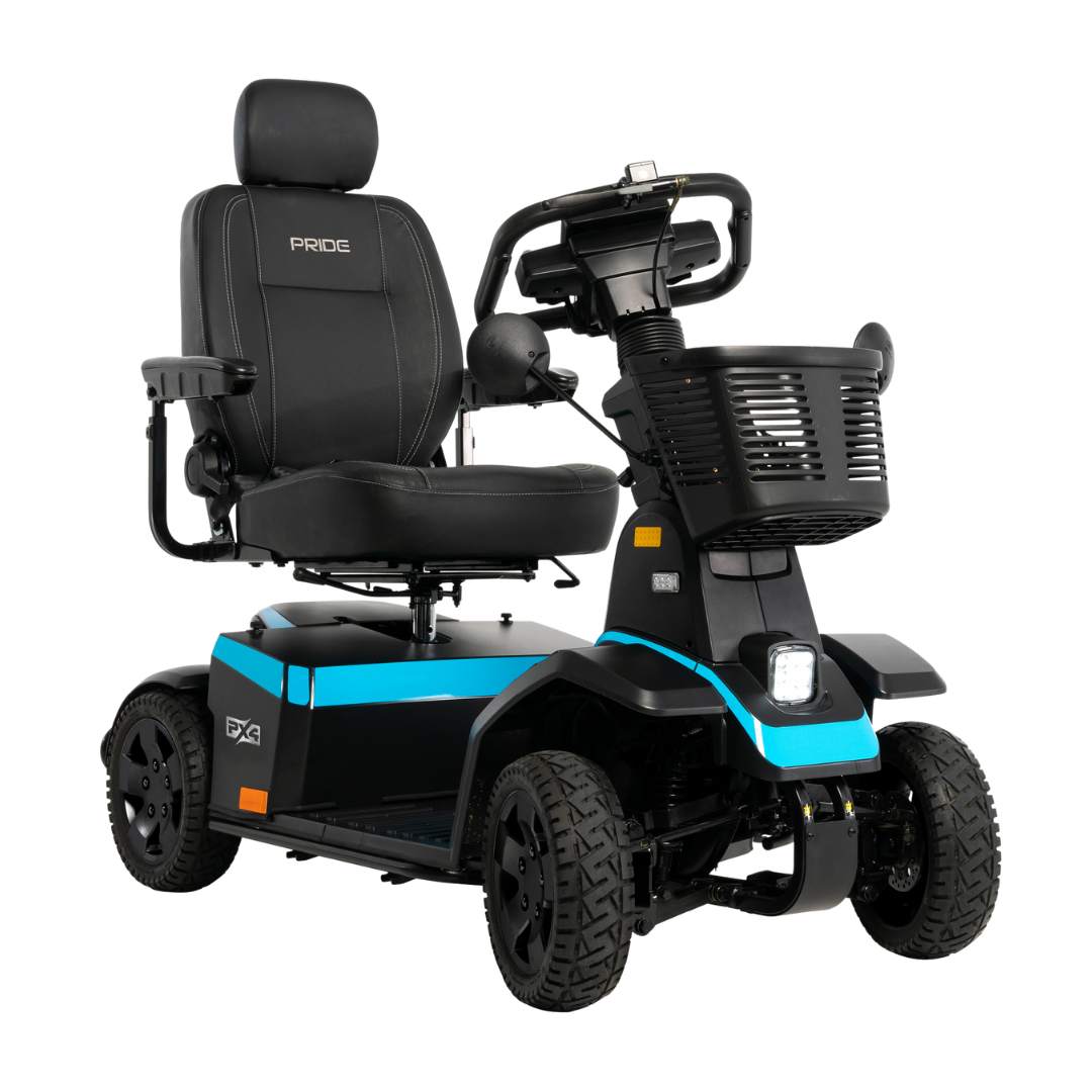 The Pride Mobility PX4 HD Bariatric Scooter offers a black and blue design, padded seat, armrests, headrest, control panel, four rugged wheels, and supports up to 500 lbs for comfortable personal transportation.